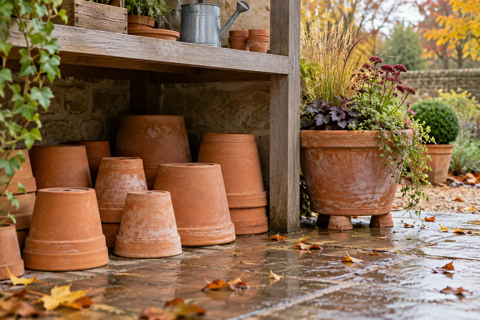 Suché terakotové kvetináče uložené pod strechou a veľká nádoba na nožičkách