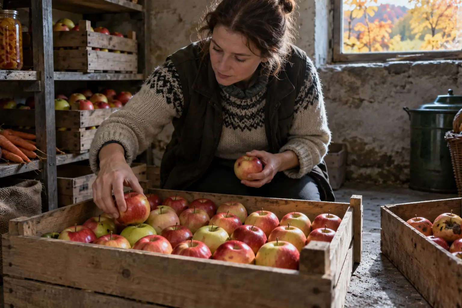 Zdravé jablká uložené v jednej vrstve v drevenej debničke