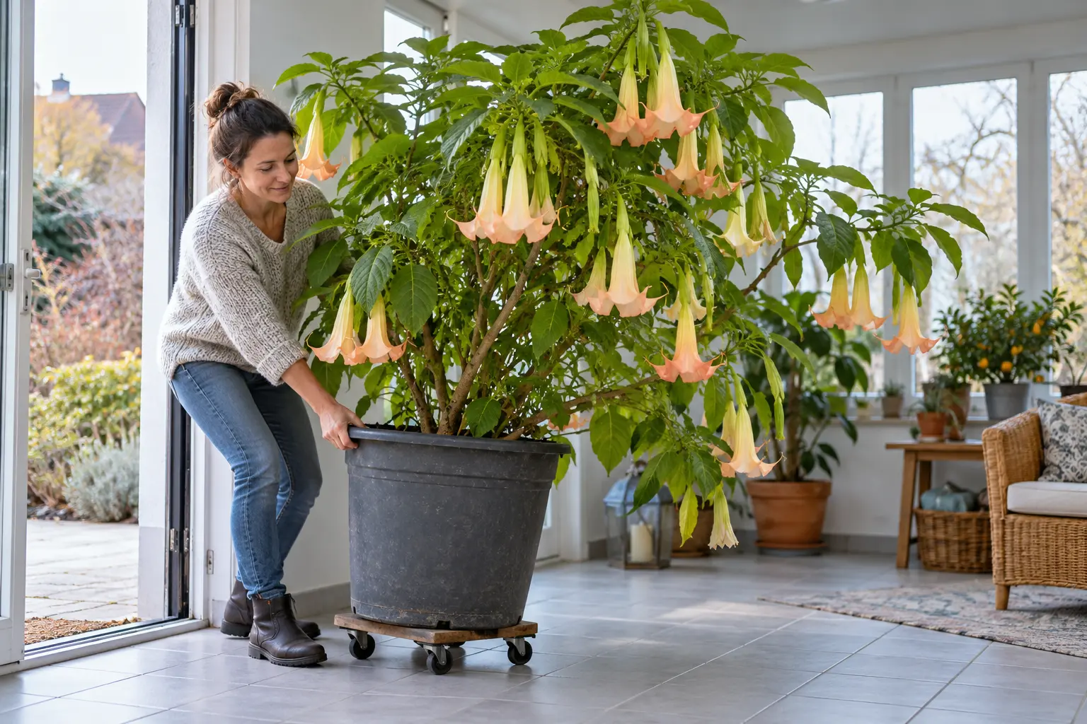 Veľká brugmansia v nádobe presúvaná do svetlého bezmrazého priestoru