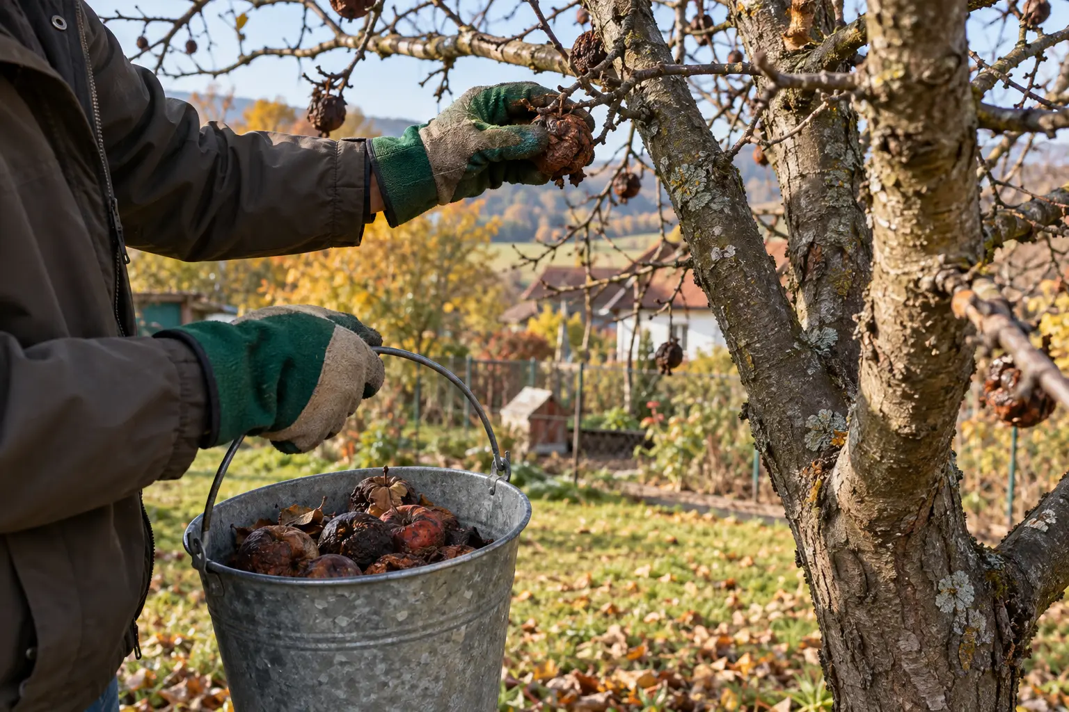 Odstraňovanie zoschnutých mumifikovaných jabĺk z ovocného stromu