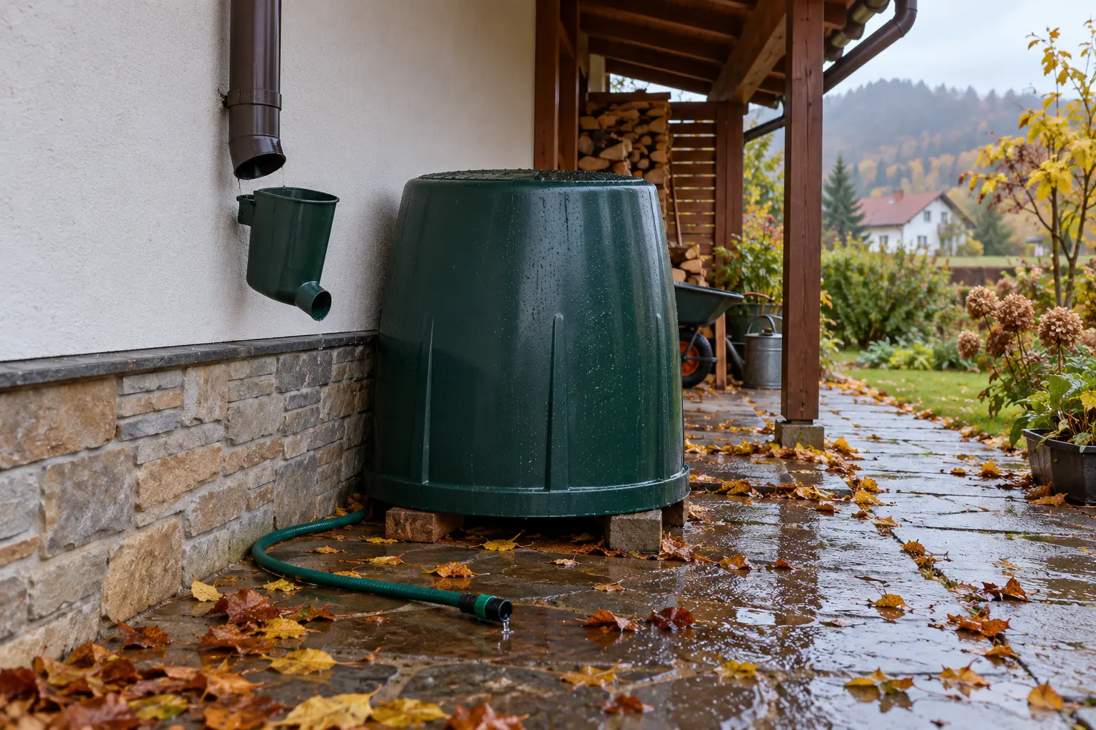 Vyprázdnený sud na dažďovú vodu je otočený dnom nahor pod prístreškom