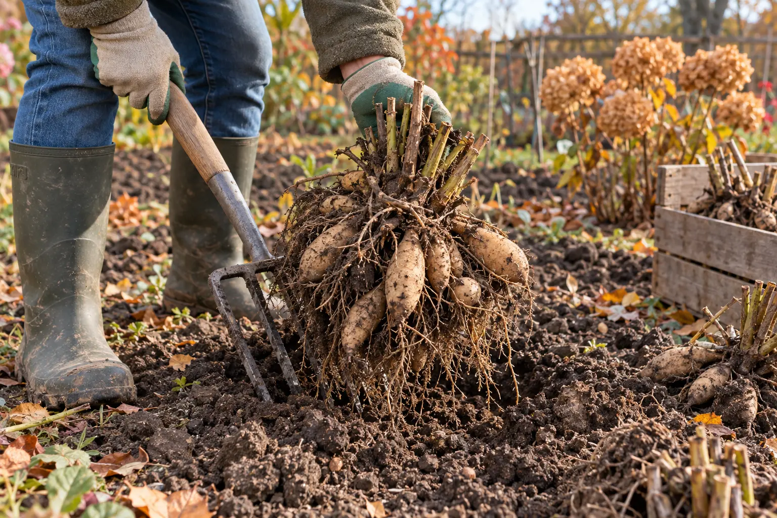 Očistené hľuzy georgín uložené v debničke na zimné skladovanie