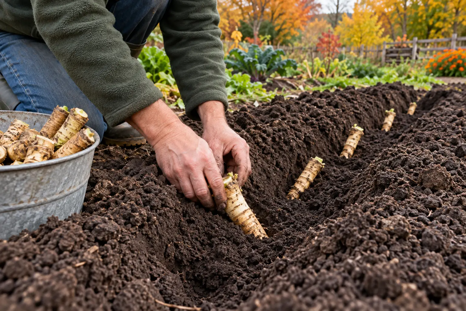 Záhradník ukladá koreňový odrezok chrenu do hlbokej pôdy