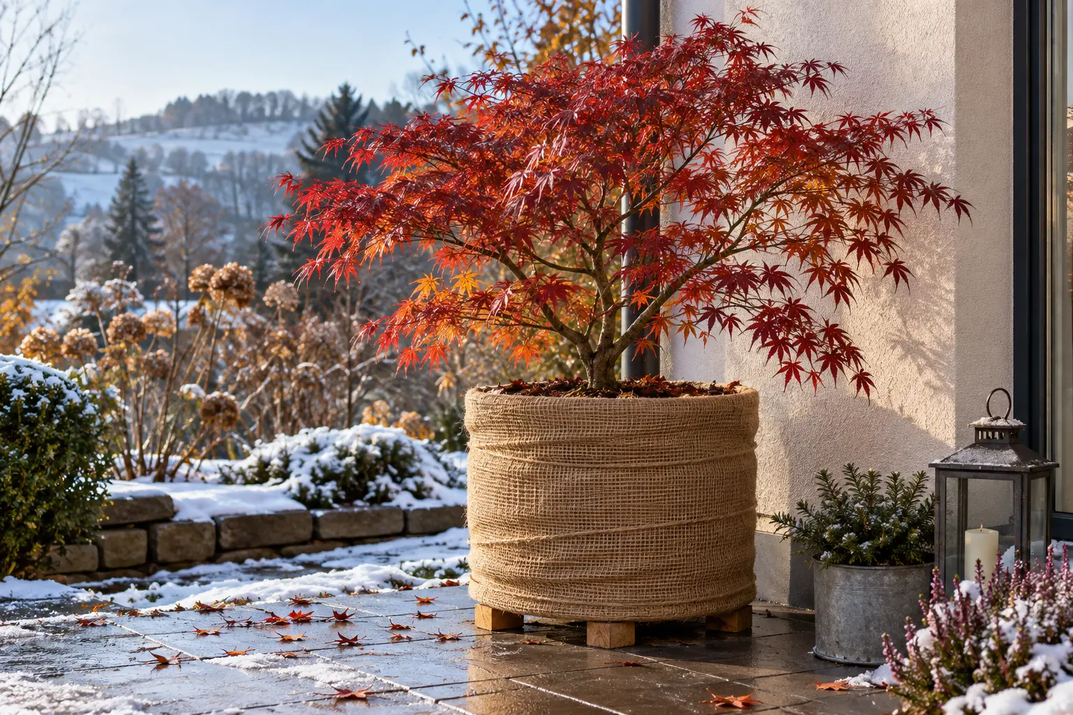 Japonský javor v črepníku obalenom jutou pri chránenej stene