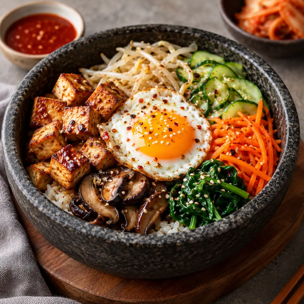 Bibimbap s opekaným tofu, hubami a zeleninou
