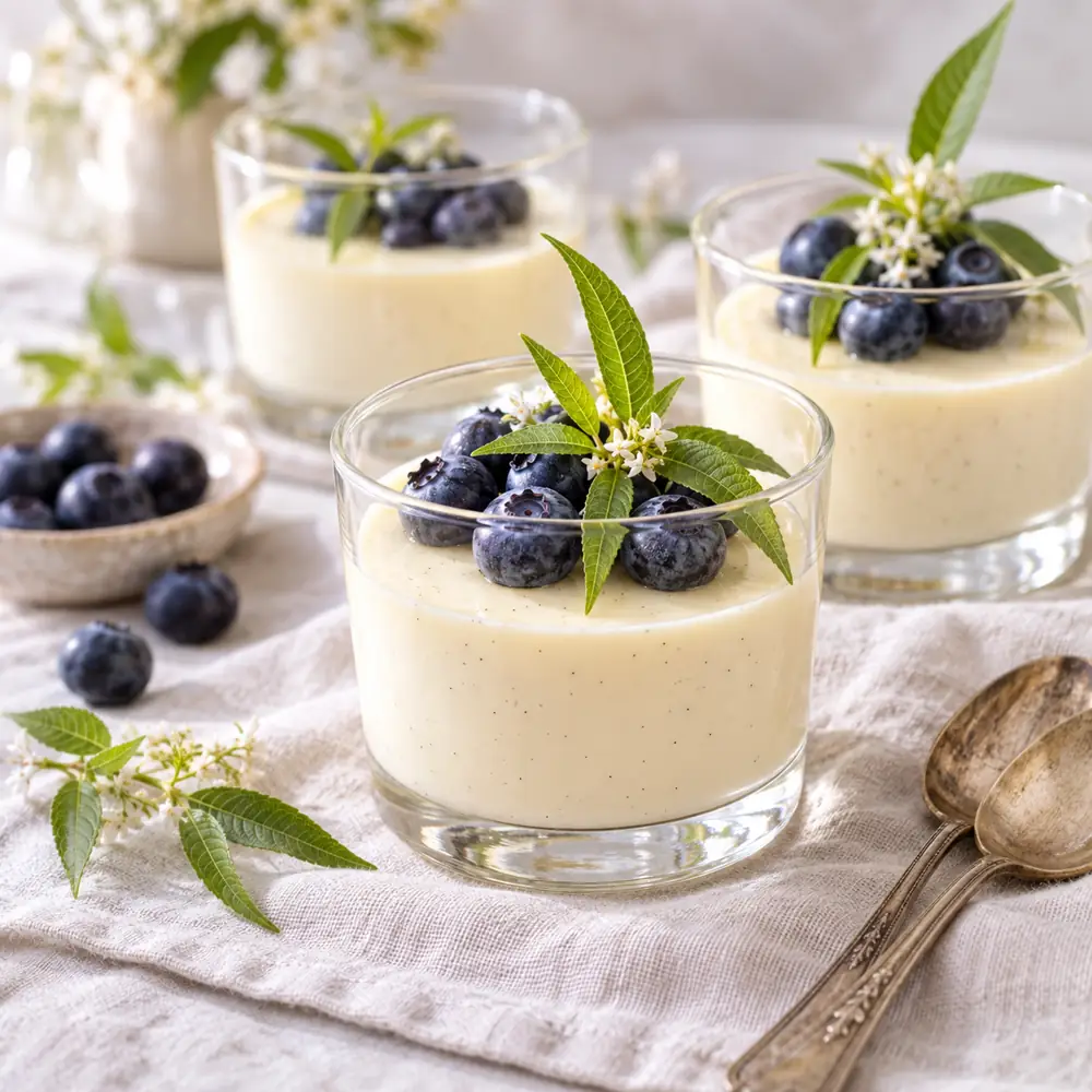 Panna cotta s citrónovou verbénou a čučoriedkami