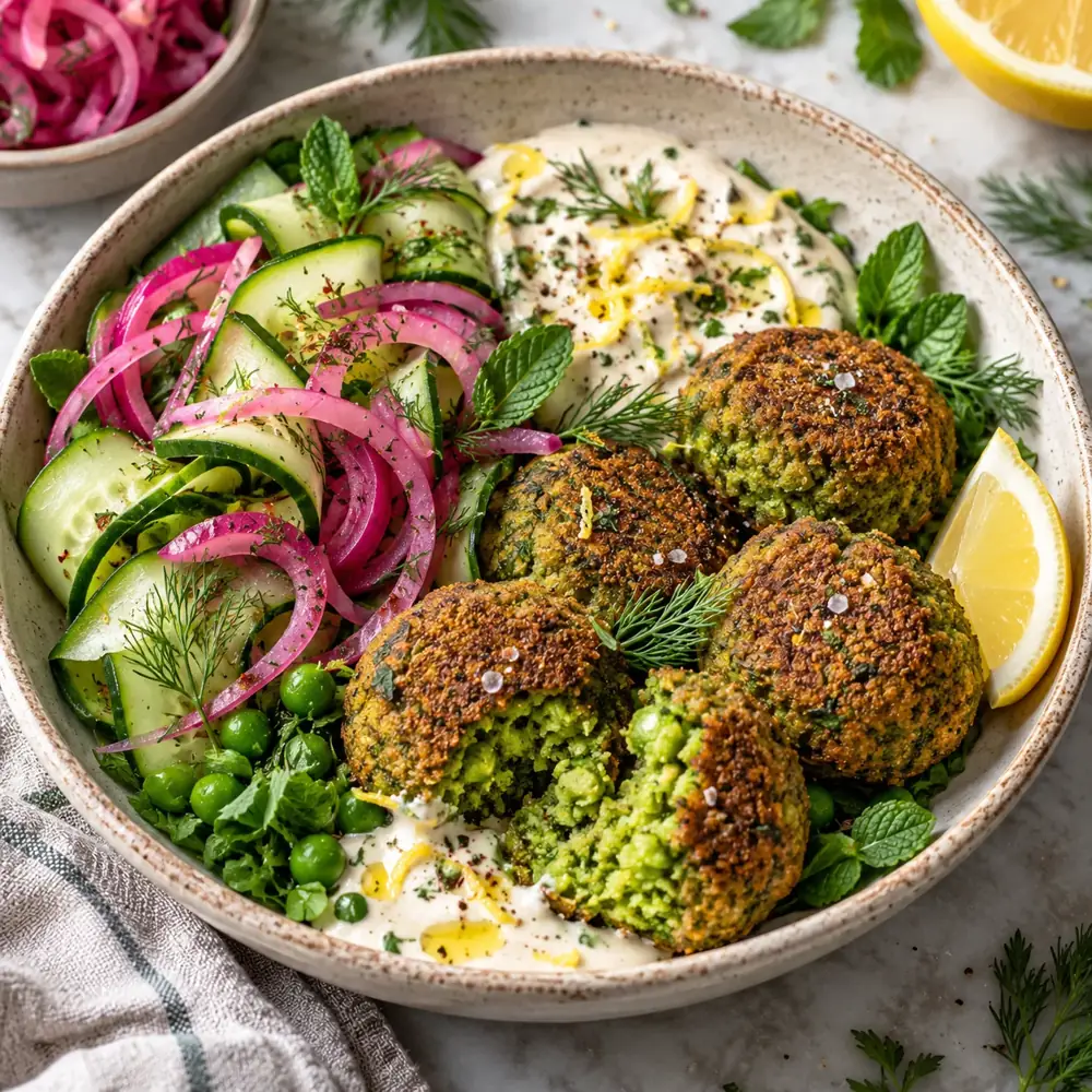 Falafel zo zeleného hrášku s tahini jogurtom