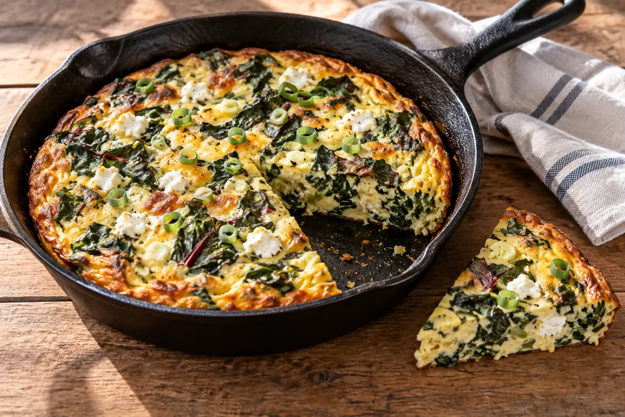Frittata z mangoldu, jarnou cibuľkou a kozím syrom
