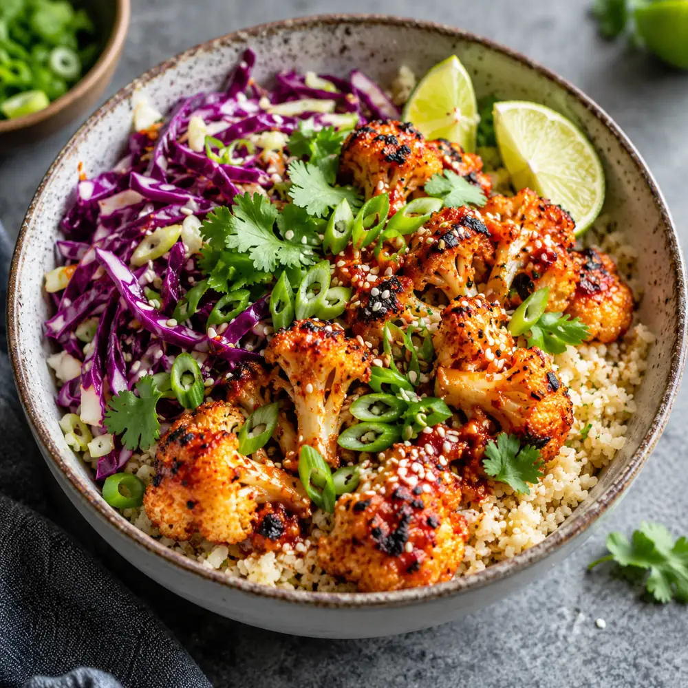 Gochujang karfiolová miska s ryžou a kapustou