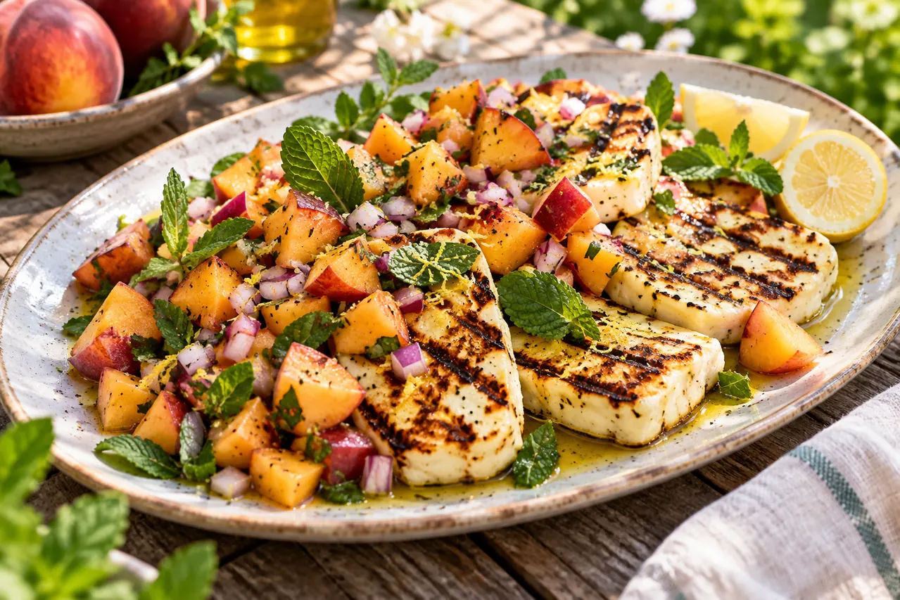 Grilovaný halloumi s broskyňovou salsou a mätou