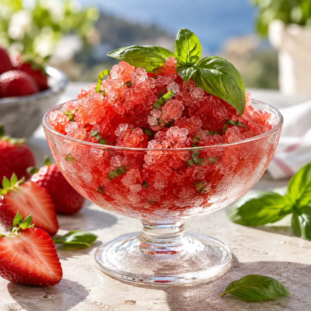 Jahodová granita s bazalkou a limetkou