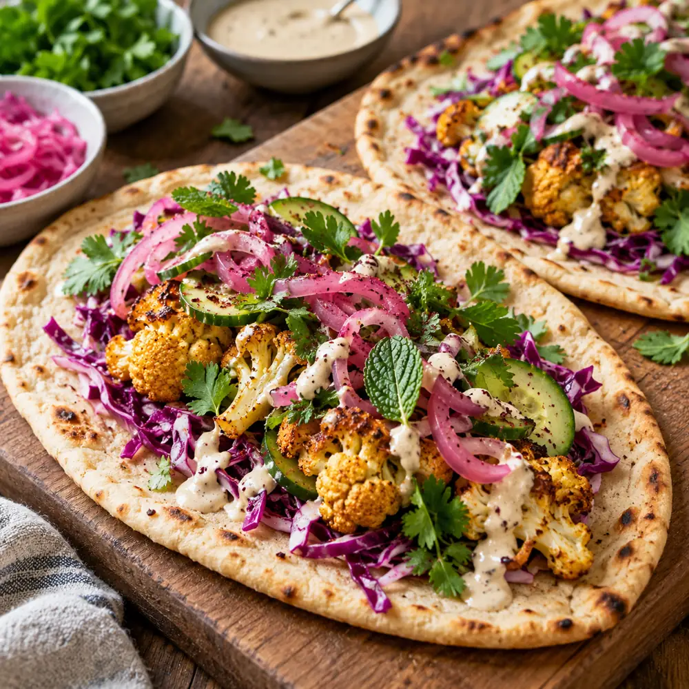 Karfiolové shawarma wrapy s tahini a nakladanou cibuľou