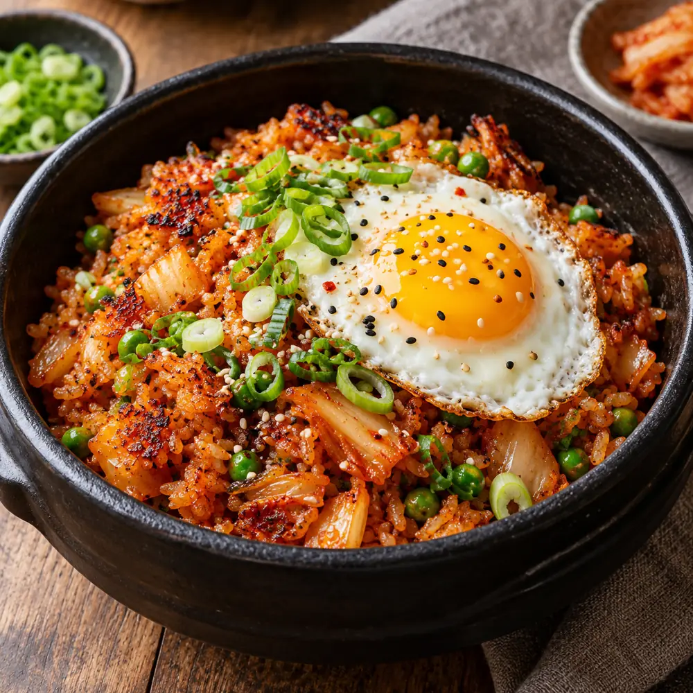 Kimchi pražená ryža so zeleným hráškom a vajcom