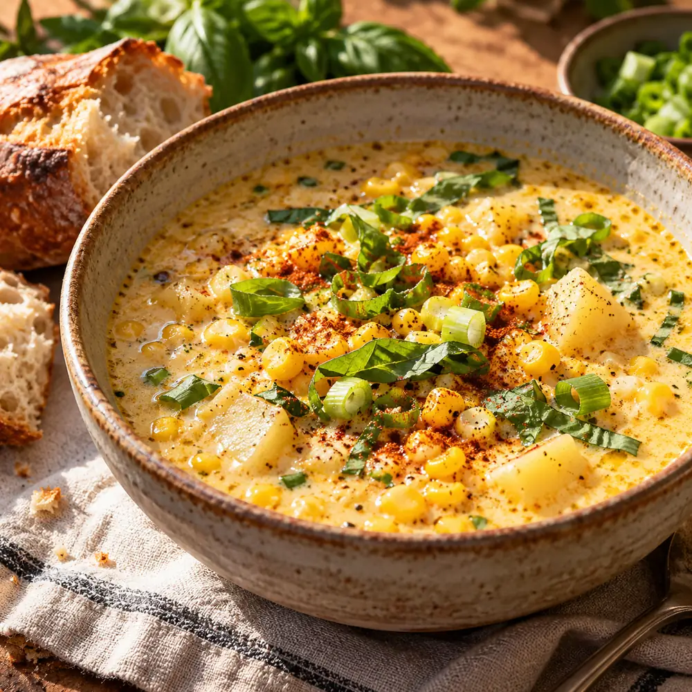 Kukuričný chowder s bazalkou a údenou paprikou