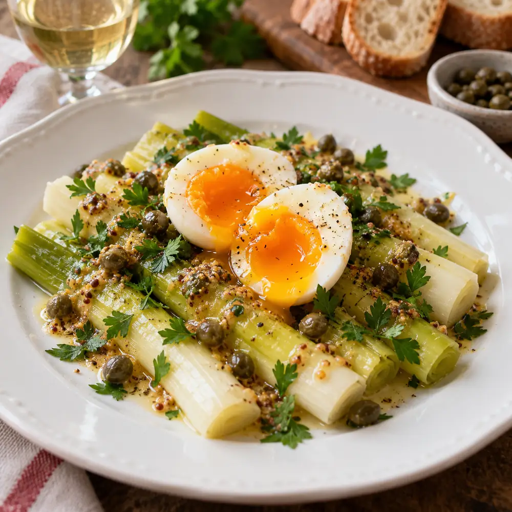 Pór na vinaigrette s mäkkým vajcom a kaparami