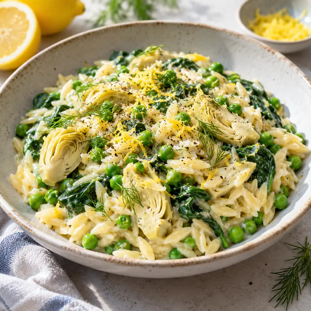 Citrónové orzo s hráškom, artičokami a kôprom