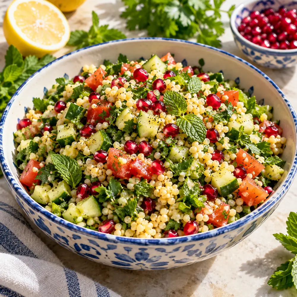 Proso tabbouleh s uhorkou, mätou a granátovým jablkom