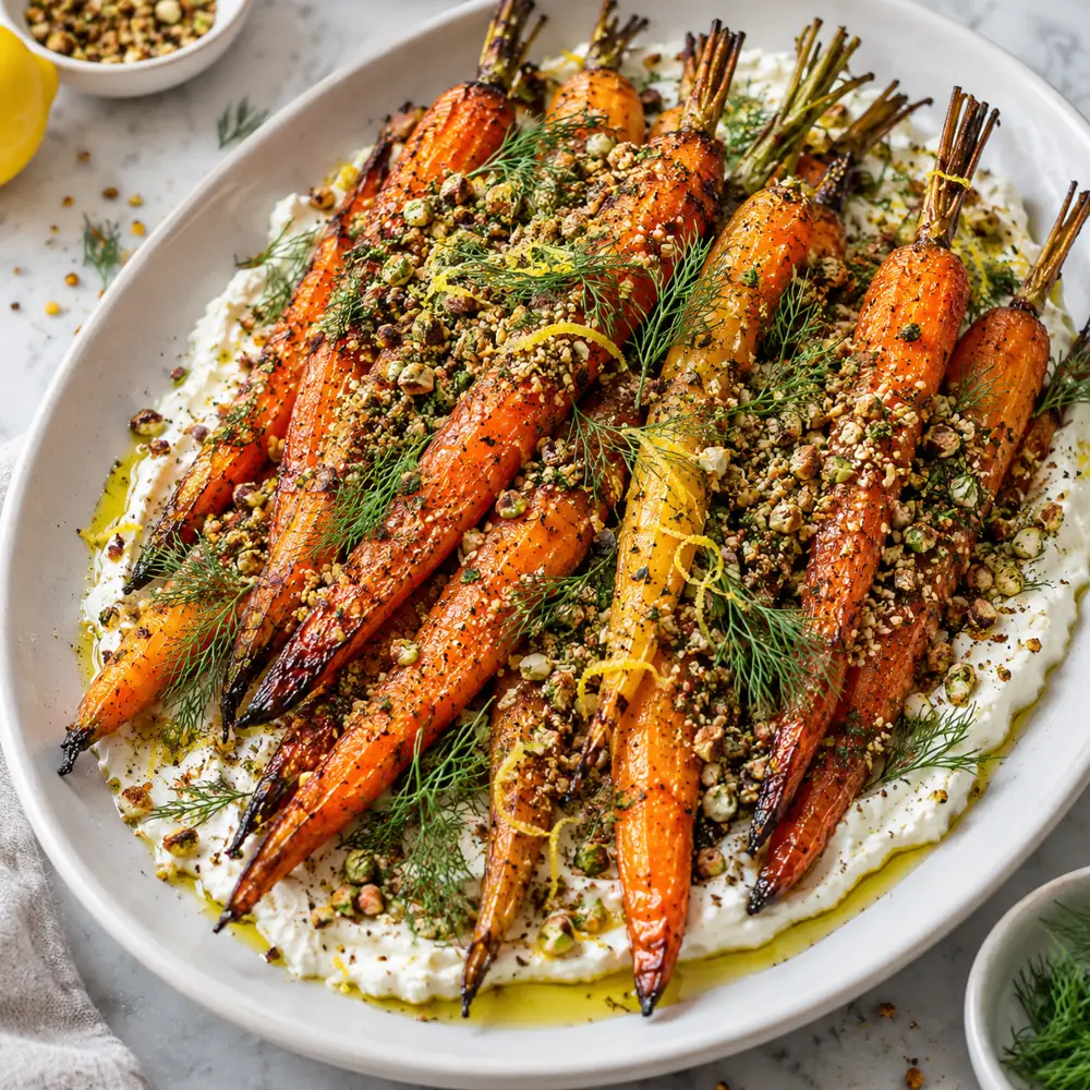 Pečená mrkva so šľahaným feta syrom a dukkah