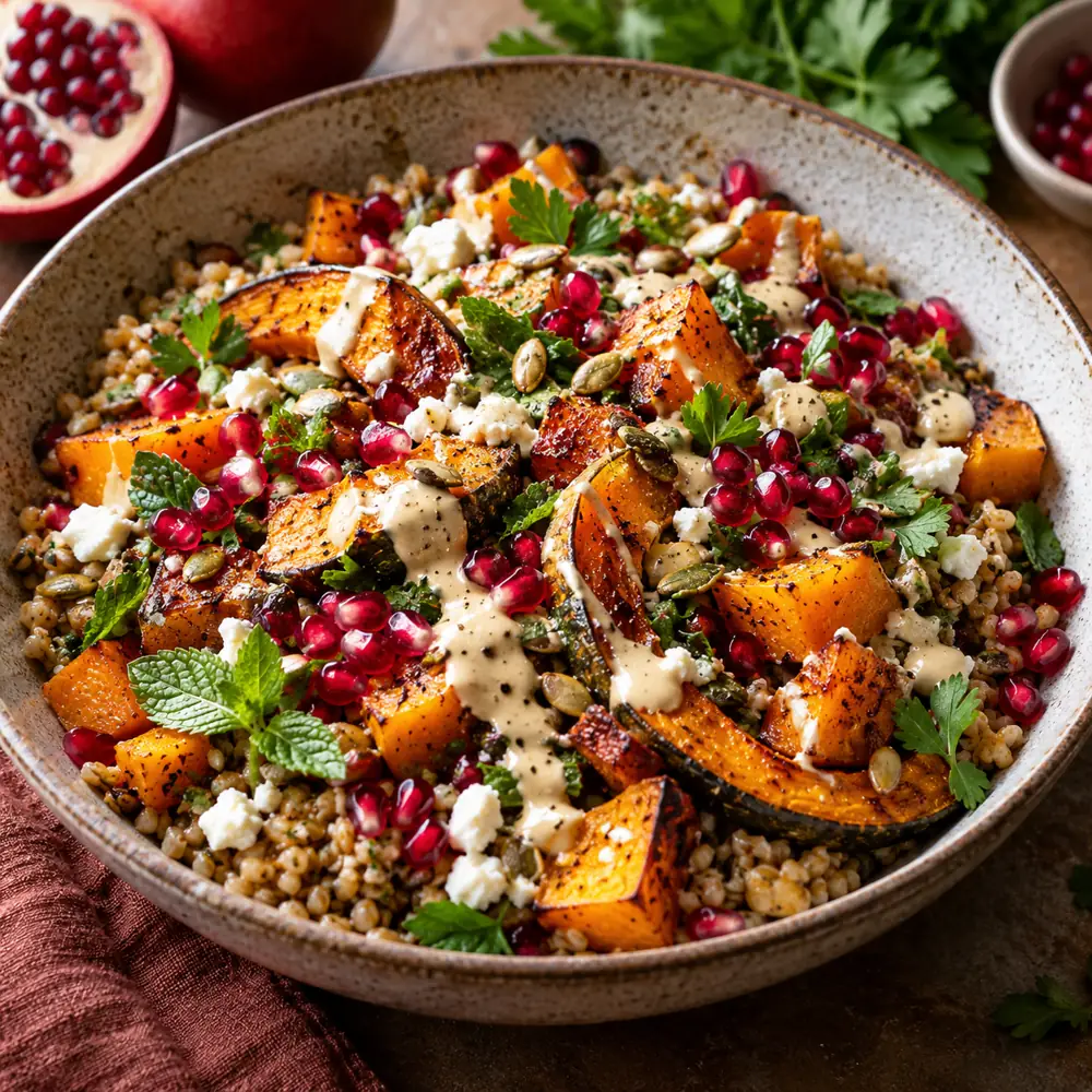Pečená tekvica s freekeh, granátovým jablkom a tahini