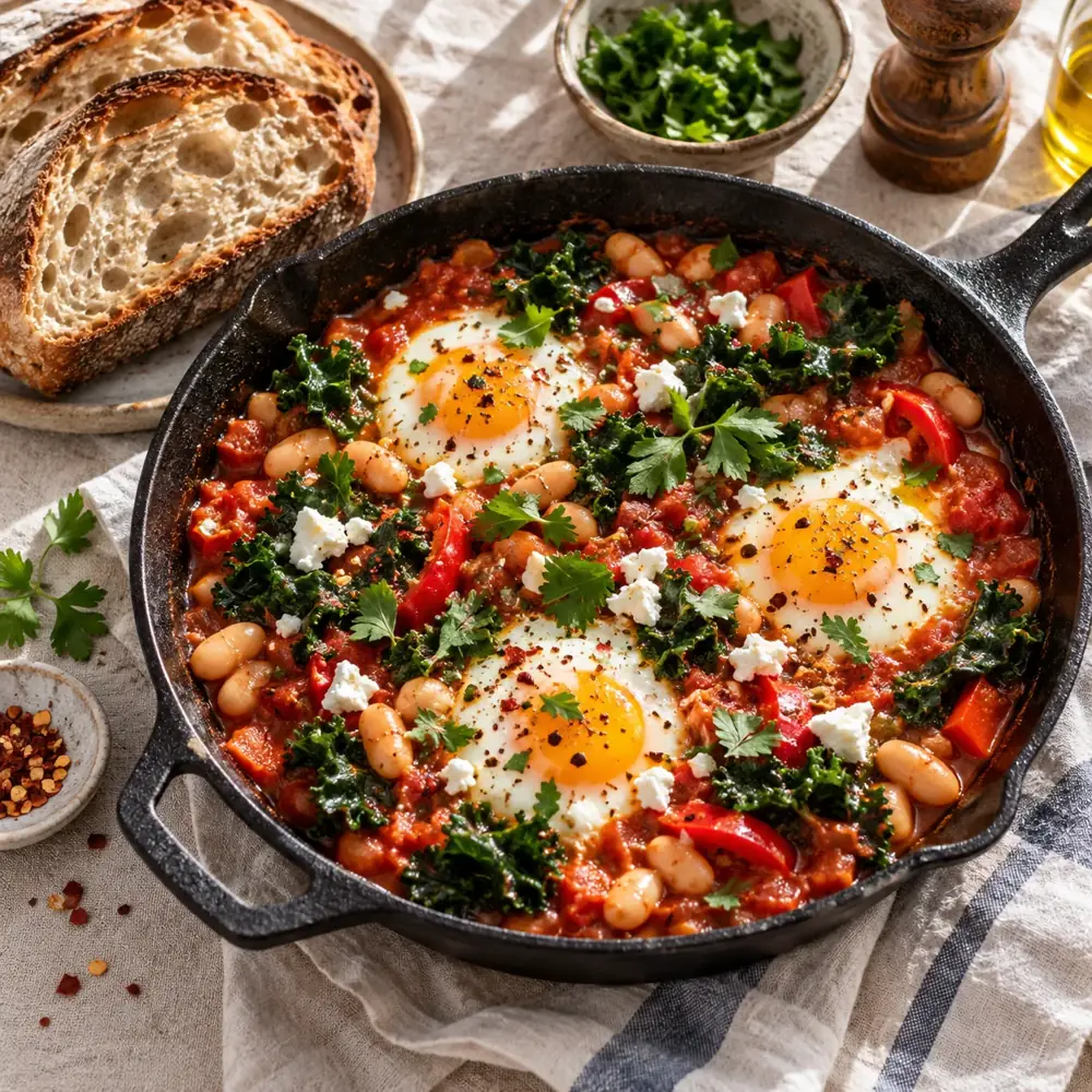 Shakshuka s bielou fazuľou, kelom a vajcami