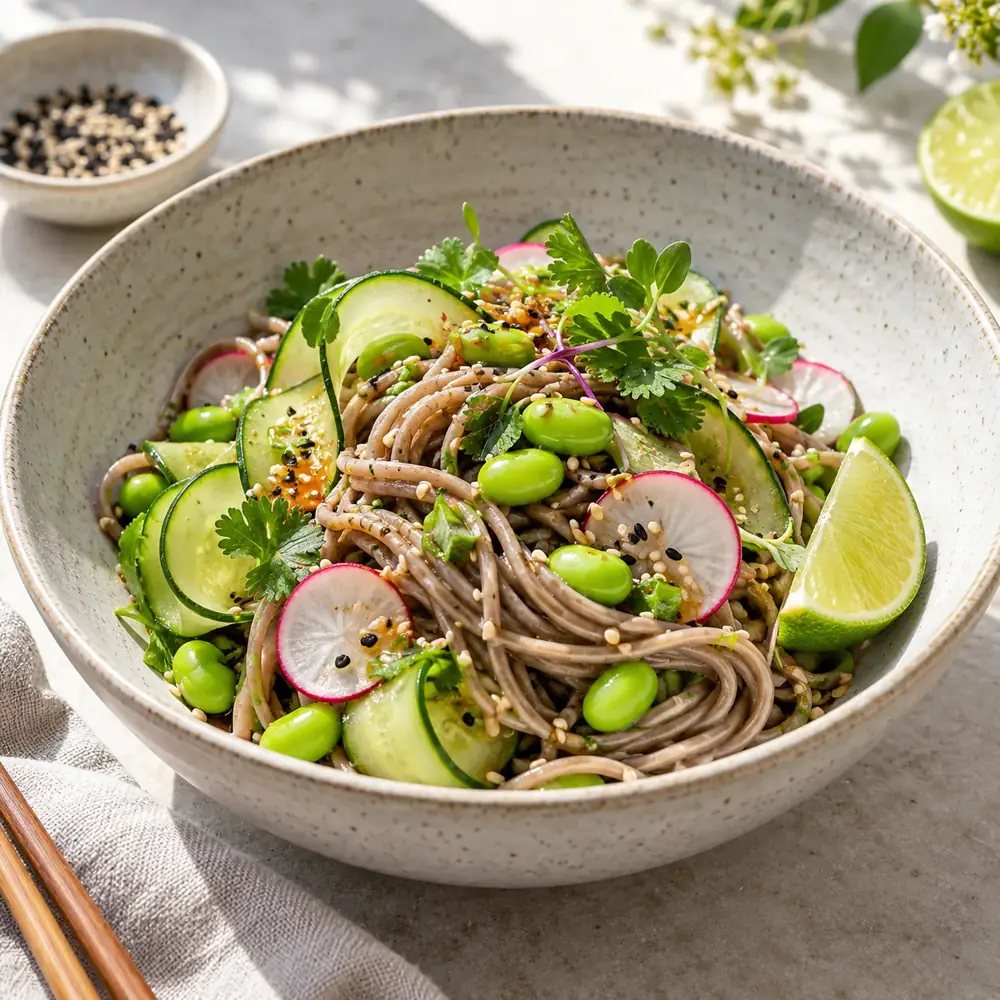 Soba rezance s edamame, uhorkou a sezamovým dresingom