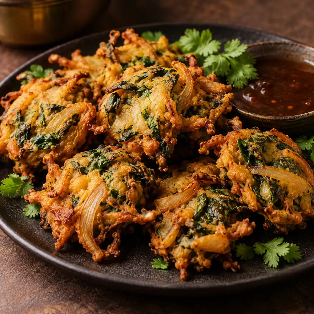 Chrumkavé špenátovo-cibuľové pakory s tamarindom