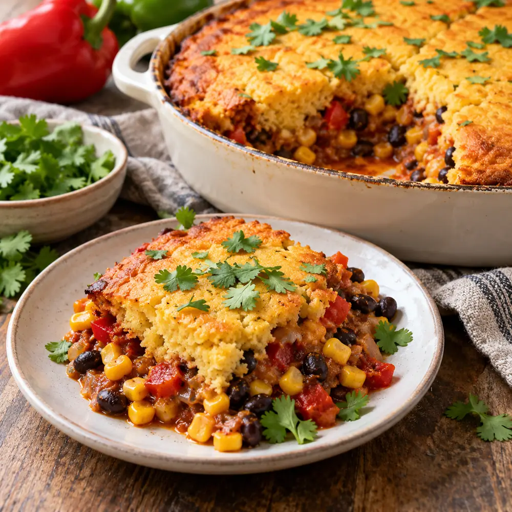 Kukuričný tamale pie s čiernou fazuľou a paprikou