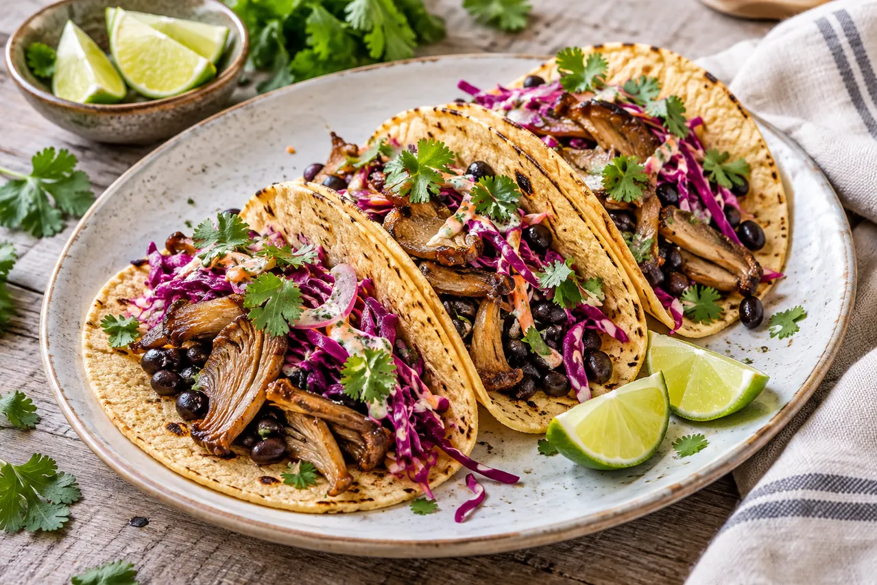 Hlivové tacos s čiernou fazuľou a chrumkavou kapustovou salsou
