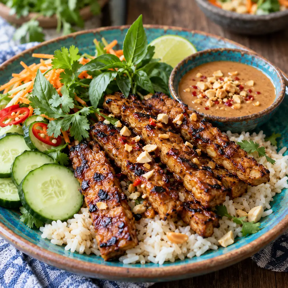 Tempeh satay miska s ryžou a uhorkou