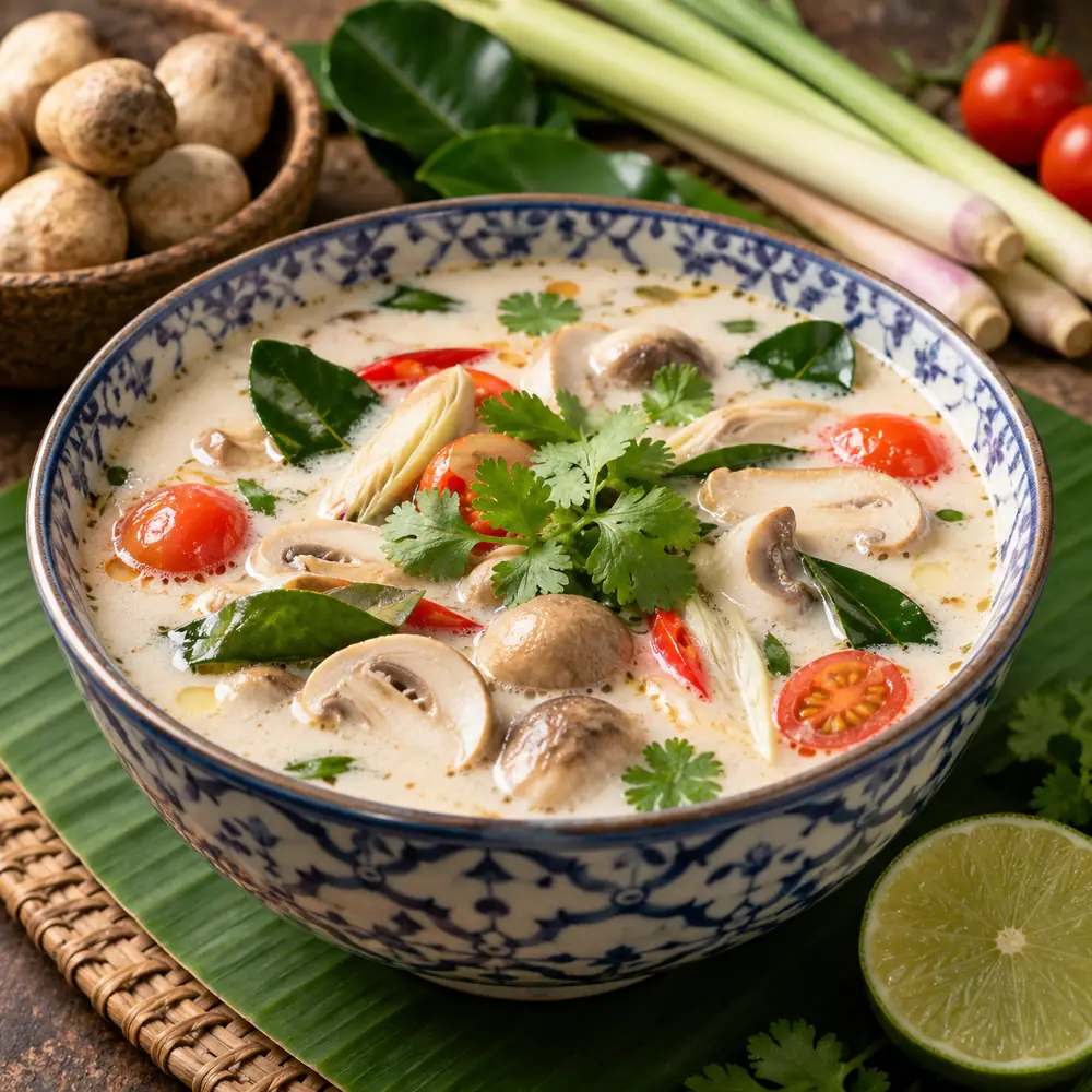 Thajská tom kha so šampiňónmi a citrónovou trávou
