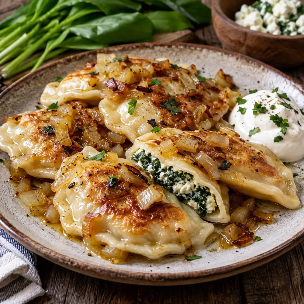 Zemiakové pierogi s medvedím cesnakom a tvarohom