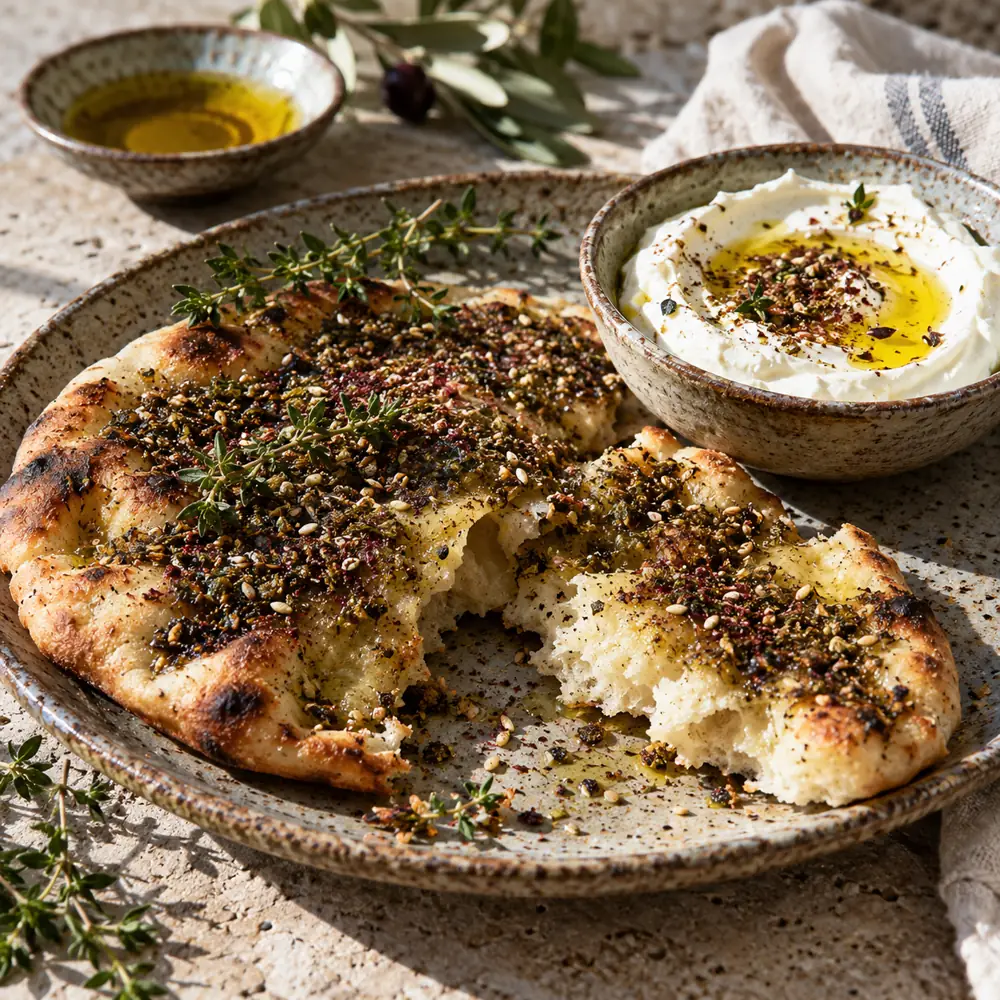 Za’atar placka s labneh a olivovým olejom