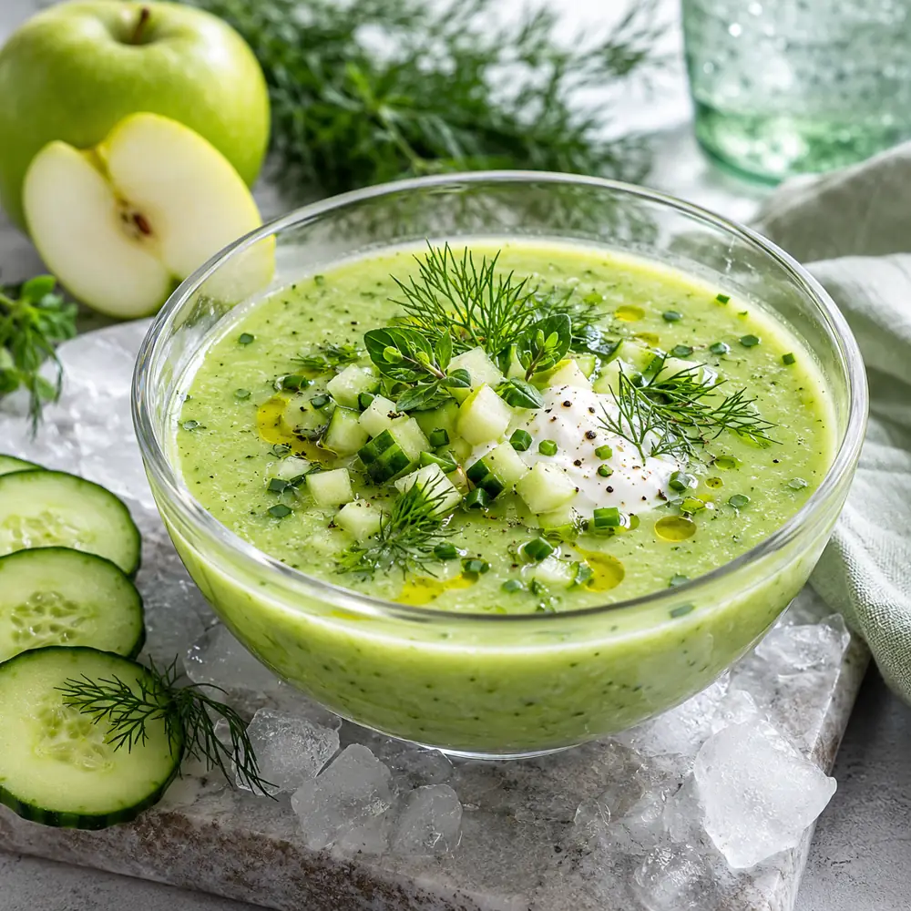 Studené zelené gazpacho z uhorky, jablka a kôpru